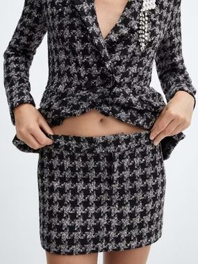 Mango Black White Houndstooth Tweed Mini Skirt